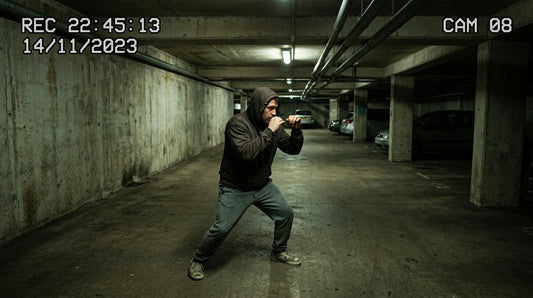 Woman practicing defensive stance in dimly lit parking garage