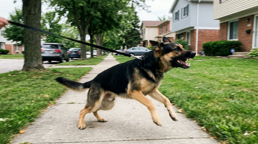 Aggressive dog lunging on suburban sidewalk