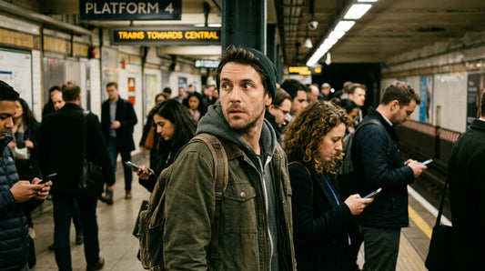 Man with alert focused eyes scanning crowded platform
