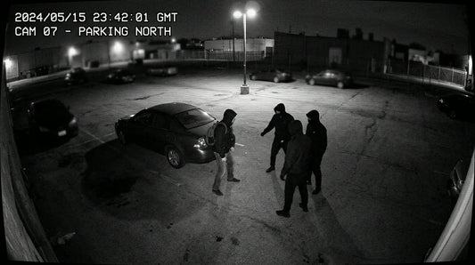 CCTV footage of person confronted by multiple figures in parking lot