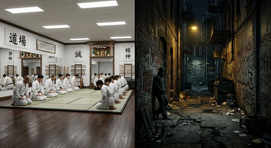 Clean dojo contrasted with dark gritty street at night