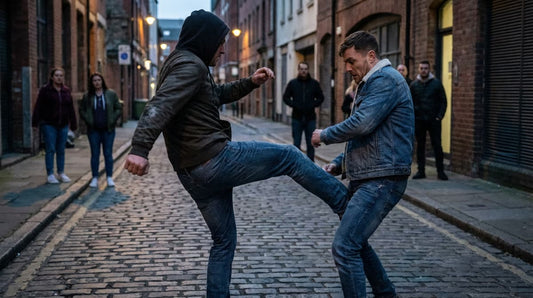 Street fight showing a groin kick being thrown in a real confrontation