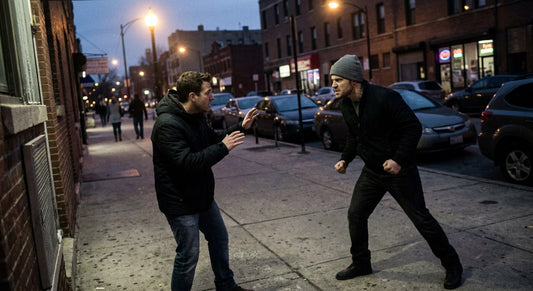 Tense sidewalk confrontation showing pre-attack body language