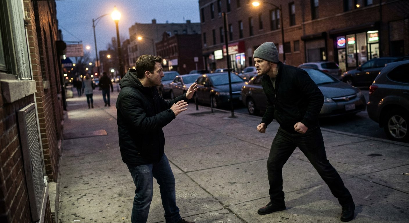 Tense sidewalk confrontation at night showing aggressive body language and pre-attack indicators